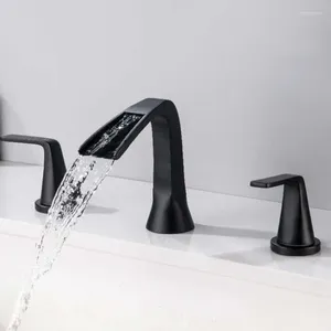 Bathroom Sink Faucets Dumb Black Double Handle Three Hole Waterfall Basin Tap Mix And Cold Water Wash Table Faucet