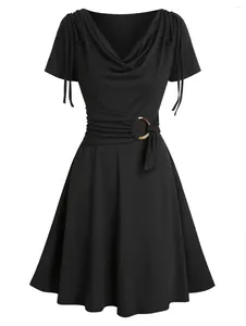 Party Dresses Women's Cowl Neck Casual Dress Ruched Short Sleeve Tie Shoulder O Ring Belt A Line Vintage Elegant Mini