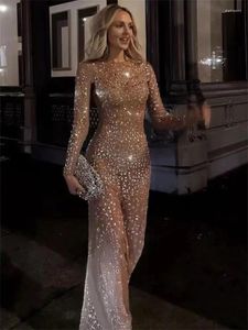 Casual Dresses 2024 Autumn Glitter Female Cover Up Maxi Dress For Women See-Through Split Fashion Long Sleeve Slim Sexy Beach