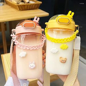 Water Bottles Kawaii Sport Girls 1000ml Portable Straw Bottle Stickers Kids Big School Gift Botella De Agua Drinkware