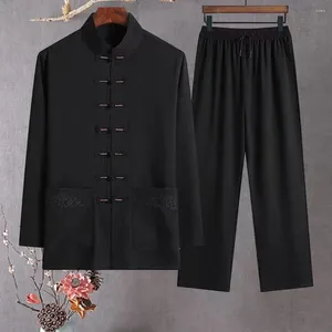 Men's Tracksuits Breathable Men Sportswear Traditional Chinese Tang Suit Set For Mid-aged Stand Collar Shirt Wide Leg Trousers Soft Solid