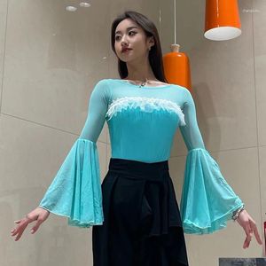 Stage Wear Latin Dance Clothes Women Blue Flared Sleeves Ballroom Tops Practice Clothing Cha Rumba Performance NV19224