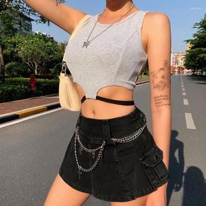 Women's Tanks Casual Soft Vest Sexy O-neck Crop Top Women Grey Hollow Cotton Sleeveless Summer Slim Tight-fitting