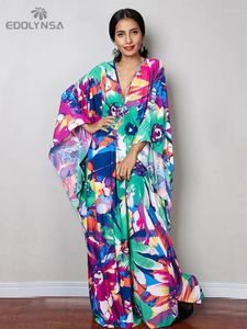 Sukienki swobodne Wydruku nadruku w szyku w dekolcie Suknia Batwing Long Women 2024 Summer Beachwear Bohemian plus size Kaftan Q1289