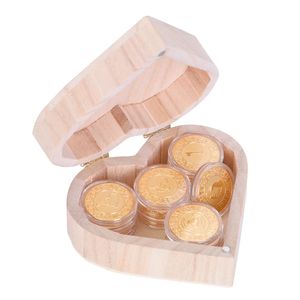 Spanische Goldene Hochzeit Arras de Boda Einheitsmünzen-Set mit Herz-Holzbox, Party-Zeremonie, Gastgeschenke, Schmuckgeschenke 240122