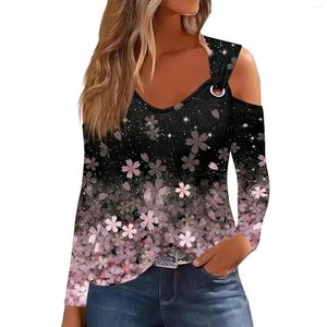 Women's T Shirts Fashion Loose T-Shirt Long Sleeve Metal Ring Floral Print Casual Top Cropped Y2k Tops Cute Tank Luxury Cloth