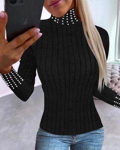 Women's T Shirts Daily Wear Skinny Black T-shirts Warm Fashion Women Elastane Beaded Tee High Neck Long Sleeve Top