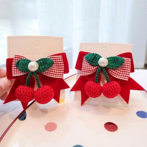 Hair Accessories 2PCS Cherry Hairpin Wool Knit Cute Princess Bow Double Ponytail Band Children's Side Clip