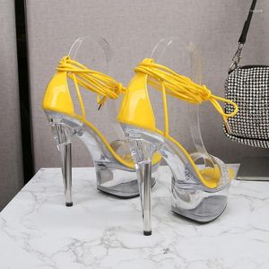 Sandals Mcublgirl Yellow Lace Up Sexy Super High Heels 15CM Thin Heel Waterproof Platform Crystal Wedding Shoes Banquet LFD