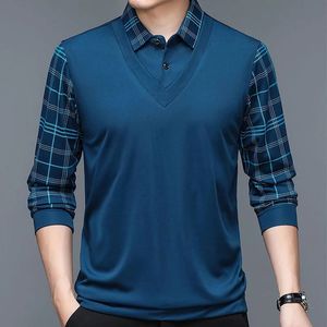 Våren Mens Long Sleeve Polo Shirt Plush Thicked Solid Color Turn-Down Collar Shirt Plaid Button Fashion Casual Tops 240126