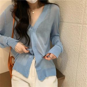 Women's Knits Long Sleeved Summer Thin Shawl Ice Silk Sweater Spring Simple Coat Korean Fashion Autumn Black V Neck Sun Proof Cardigan Women