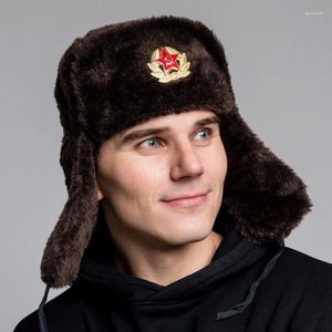 Berets Soviético Rússia Emblema Bomber Chapéus Outdoor Ski Proteção Fria Engrossado Homens e Mulheres Orelha Quente Veludo Chapéu de Pele Falso