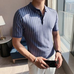 Sommar randig stickad kortärmad poloskjorta Mens Slim-Fit Casual Business Party Beach Travel T-shirt storlekar S-4XL 240202