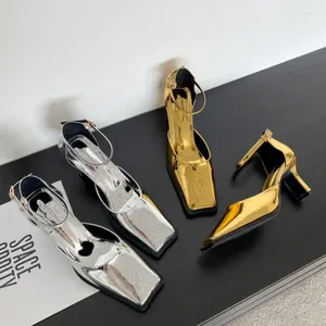 Dress Shoes 2024 Fashion Square Toe Heel Women Shallow Thick Sandals Single Mary Janes Buckle Female Gold Silver Pumps