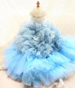 Dog Apparel Handmade Clothes Pet Supplies Trailing Dress Gown Blue Hemming Pearl Lace Butterfly Princess Tiered Skirt Tulle One Piece