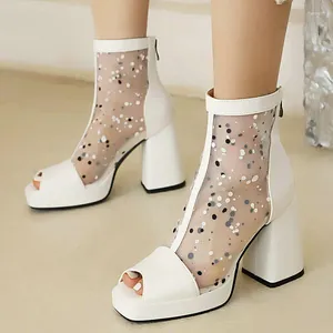Sandalar Lüks Büyük Boyut 33-47 Mesh Net Nefes Alabilir Polka Dot Platformu Peep Toe Kadın Ayakkabı Beyaz Yaz Tıknaz Yüksek Topuklu Botlar