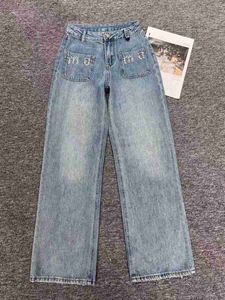 Denim Straight Leg Pants For Women Luxury Rhinestone Letter Jeans High Waist Lady Trousers Designer Womens Clothing