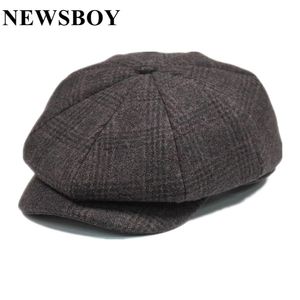 SBOY Wool Men Hat Tweed Plaid sboy Cap British Style Gatsby Flat Cap Woolen Octagonal Hat Autumn Winter Male Beret 240124