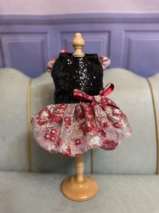 Dog Apparel Handmade Clothes Pet Supplies Black Sequin Top Princess Dress One Piece Embroidery Rose Lace Skirt Cocktail Party Holiday