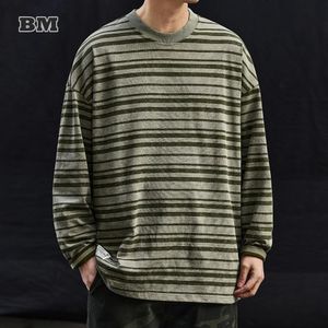 Primavera outono de alta qualidade vintage listrado moletom para roupas masculinas streetwear algodão manga longa harajuku pullovers casuais 240201