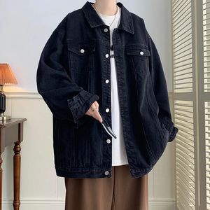 Plus Größe 5XLM Schwarz Denim Jacke Herren Drehen Unten Kragen Jeans Mäntel Viele Taschen Overalls Streetwear Lose Casual Männer Kleidung 240301