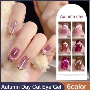 6 Color Autumn Day Glitter Crystal Cat Cat Ey Gel Poliska do paznokci 10 ml Flash Chameleon Magnetyczny żel Półpółka zanurzona w żelu LED UV 240129