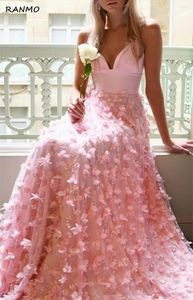 Party Dresses Pink V-Neckline Tulle Flowers Prom Gowns Long A-Line Sleunteless Spaghetti Straps Illusion 2024 Siale
