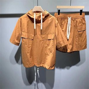 Herrespår Hip Hop Clothes Summer Thin Men 2 Piece Set Fashion Japan Korean Streetwear Leisure Ins Hooded Tops Shorts Outfits