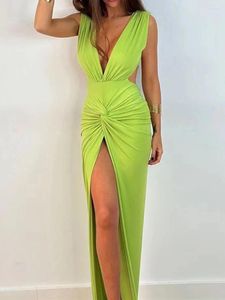 Casual Dresses Wsevypo Backless Wrapped Slit Bodycon Dress For Women Summer Elegant Fashion Sleeveless Deep V Neck Twist Ruched Long Tank