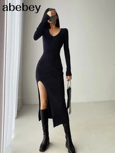 spring and winter sexy French slit sweater dress female slim tight-fitting hip-knit over-the-knee dresses 240122