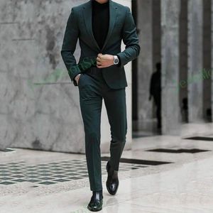 Klassische dunkelgrüne männliche Anzüge Revers One Button Slim Fit Männer Hochzeitsanzug Bräutigam tragen 2 Stück Blazer Terno Masculino 240122