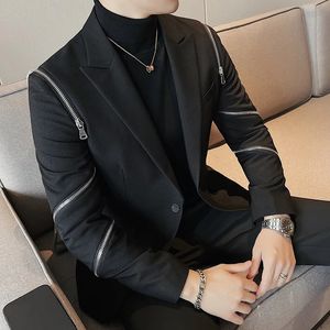 Winter Zipper Dekoration Blazer Männer Dünne Beiläufige Anzug Jacke Hochzeit Business Kleid Mantel Bankett Sänger Bühne Kleidung 240201