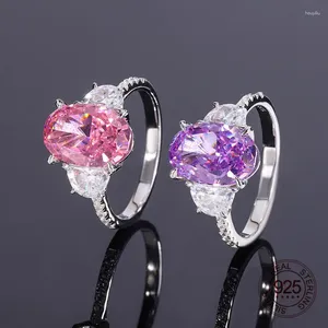 Anéis de cluster Fine 925 Sterling Silver Jóias 9x12mm Forma Oval Roxo Rosa Flor Corte Alto Carbono Diamante Zircão Mulheres Anel