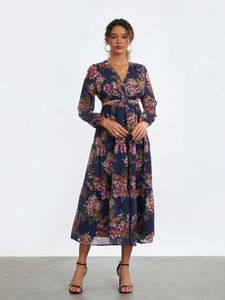 Lässige Kleider für Damen, Blumenmuster, Maxikleid, Herbst, lange Ärmel, V-Ausschnitt, Ausschnitt, Strandparty