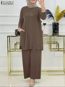 Ubrania etniczne 2PCS Zestawy muzułmańskie jesienne solidne abaya butyfitszanzea moda dressit kobiety bluzki z długim rękawem garnitury islamskie