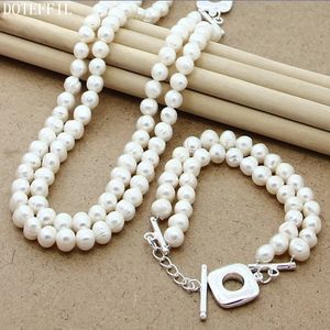 Doteffil 8mm Natural Pearl Beaded Double Chain 925 Silver Buckle Necklace Armband Set For Women Wedding Engagement Jewelry 240119