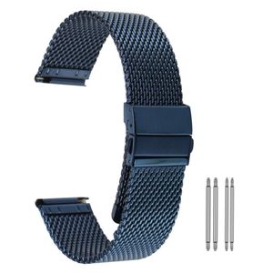 High Quality Yellow Gold Blue 18 20 22mm Mesh Stainless Steel Band Watch Strap Replacement Bracelet Straight Ends Hook Buckle2564