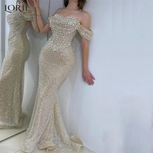 LORIE Glitter Lace Mermaid Formal Evening Dresses Pearls Bodycon Off Shoulder Bridal Gowns Backless Pageant Wedding Party Gowns 240125