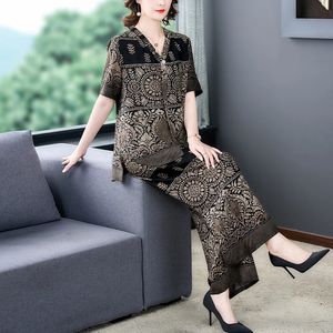 2023 Silk Loose Size Women's Short Sleeve Long Pants Two Piece Set Bohemian Vintage Print Vneck Wide Leg Pants Slimming Set 240122