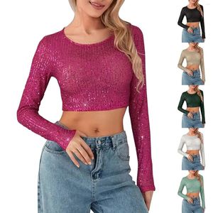 Kvinnors T -skjortor paljett Top Glitter Party Club Jumper Långärmad besättning Nacke Crop Womens Short Athletic Silky Women