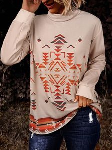 Aztec geometryczna osłona bluzka na szyję ciemna morelowa wiosna jesienna elegancka moda koszulka z długim rękawem top kobiety Allmatch 240125