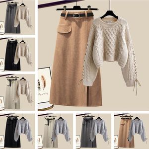 Fashion Autumn Winter Skirt Sets For Women Outfits Korean Casual Knitwears Pullover Sweater And High Waist Skirts Two Piece Sets