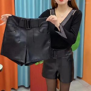 Pantaloncini da donna Donna in finta pelle PU a vita alta femminile tutto abbinato tinta unita posteriore elastico allentato casual T365