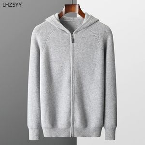 LHZSYY Mens Pure Cashmere Hooded Cardigan Autumn/Winter Zipper Knit Jacket Thick Sweater Leisure Plus Size Coat Warm Shirt 240201