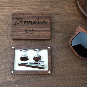 Name Engraved Groomsmen Man Cufflinks for Wedding Birthday man Gift Wood Father of The Bride Cuff Tie Clips Bar Set 240119
