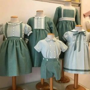 Roupas de bebê espanholas crianças irmão irmã combinando roupa meninos 2 peças conjunto vestido menina meninas saia verde terno 240127