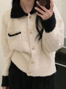 Women's Knits Black Elegant Knitted Cardigan Women French Style Turn Down Collar Contrast Outwear Loose Sweater Vintage Office Lady Crop