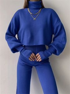 Tossy Turtleneck Two Piece Outfits For Women Lantern Sleeve Croped Top and Straight Ben Pants Set Tracksuit Casual Outfits 240124