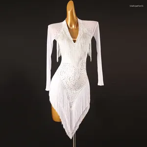 Zawód sceniczny zawód latynoskiej spódnicy za Advanced Tassel Rumba Dancing Dress Women White Standard samba
