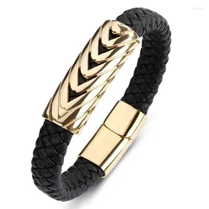 Charm Bracelets 2024 Fashion Punk Men Jewelry Black Braided Leather Bracelet Stainless Steel Magnetic Clasp Bangles Gift 19/21/23cm